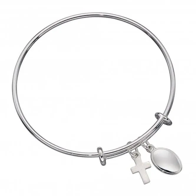 Sterling Silver Expanding Engravable Medal Cross Charm Bangle B5235