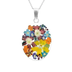Sterling Silver Floral Bright Petal Large Oval Necklace D