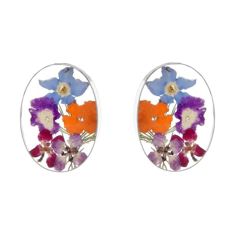 Sterling Silver Floral Mixed Petal Oval Stud Earrings