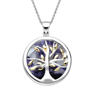 Sterling Silver Gold Plate Blue John Medium Round Tree of Life Necklace