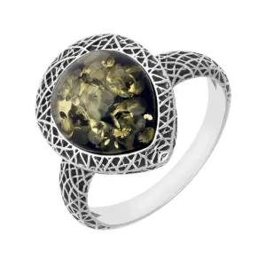 Sterling Silver Green Amber Basket Weave Edge Pear Ring