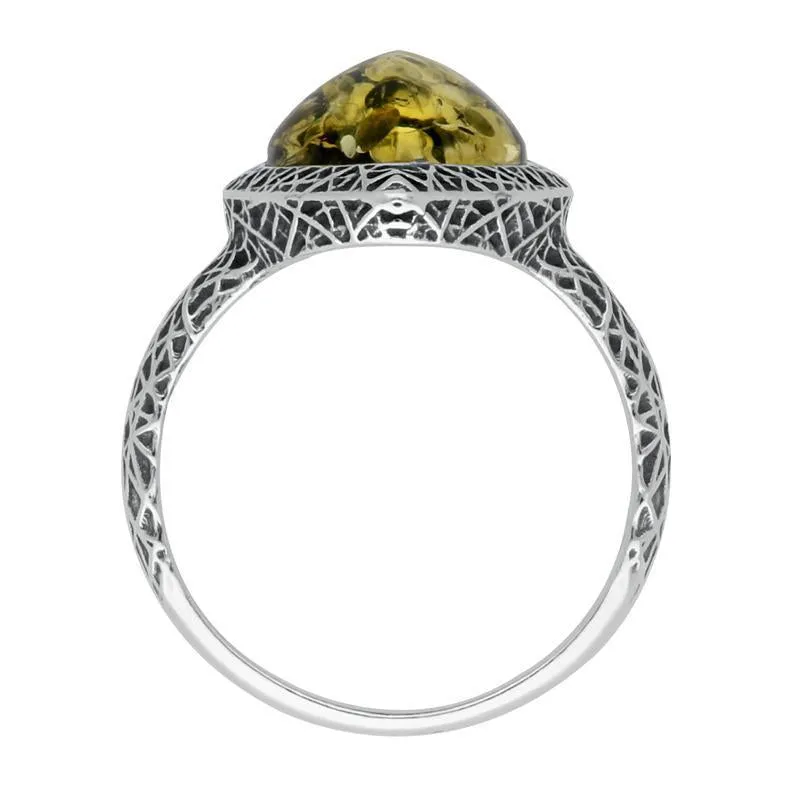 Sterling Silver Green Amber Basket Weave Edge Pear Ring