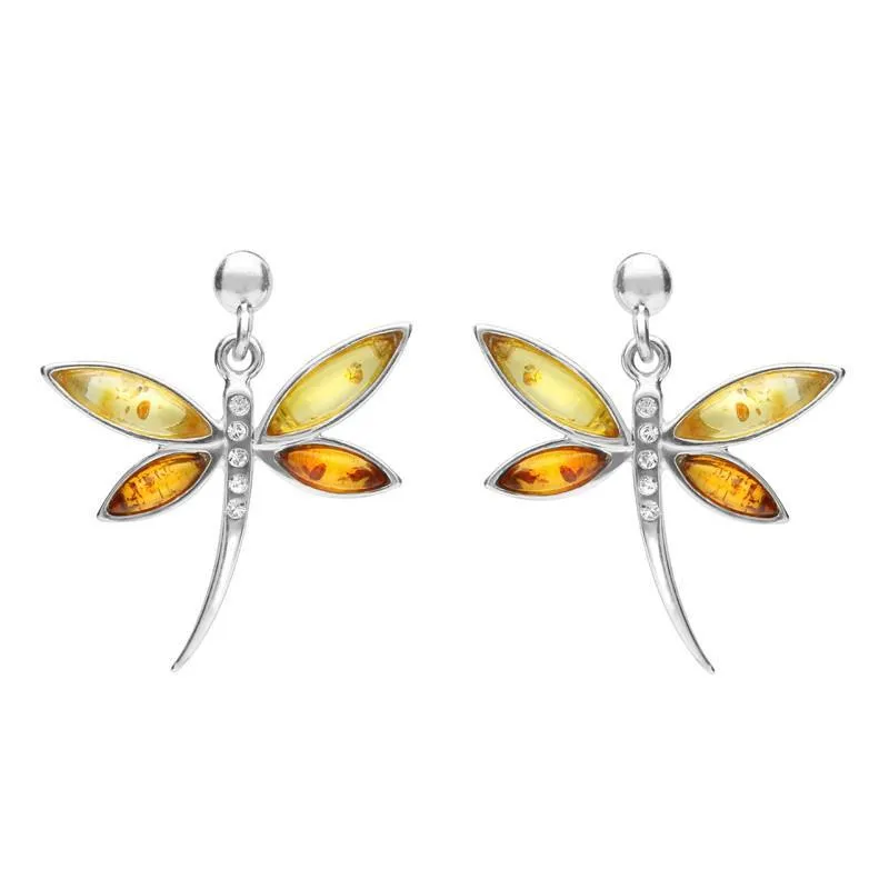 Sterling Silver Honey Amber Cubic Zirconia Dragonfly Drop Earrings
