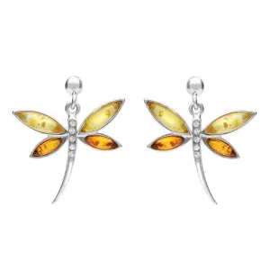Sterling Silver Honey Amber Cubic Zirconia Dragonfly Drop Earrings