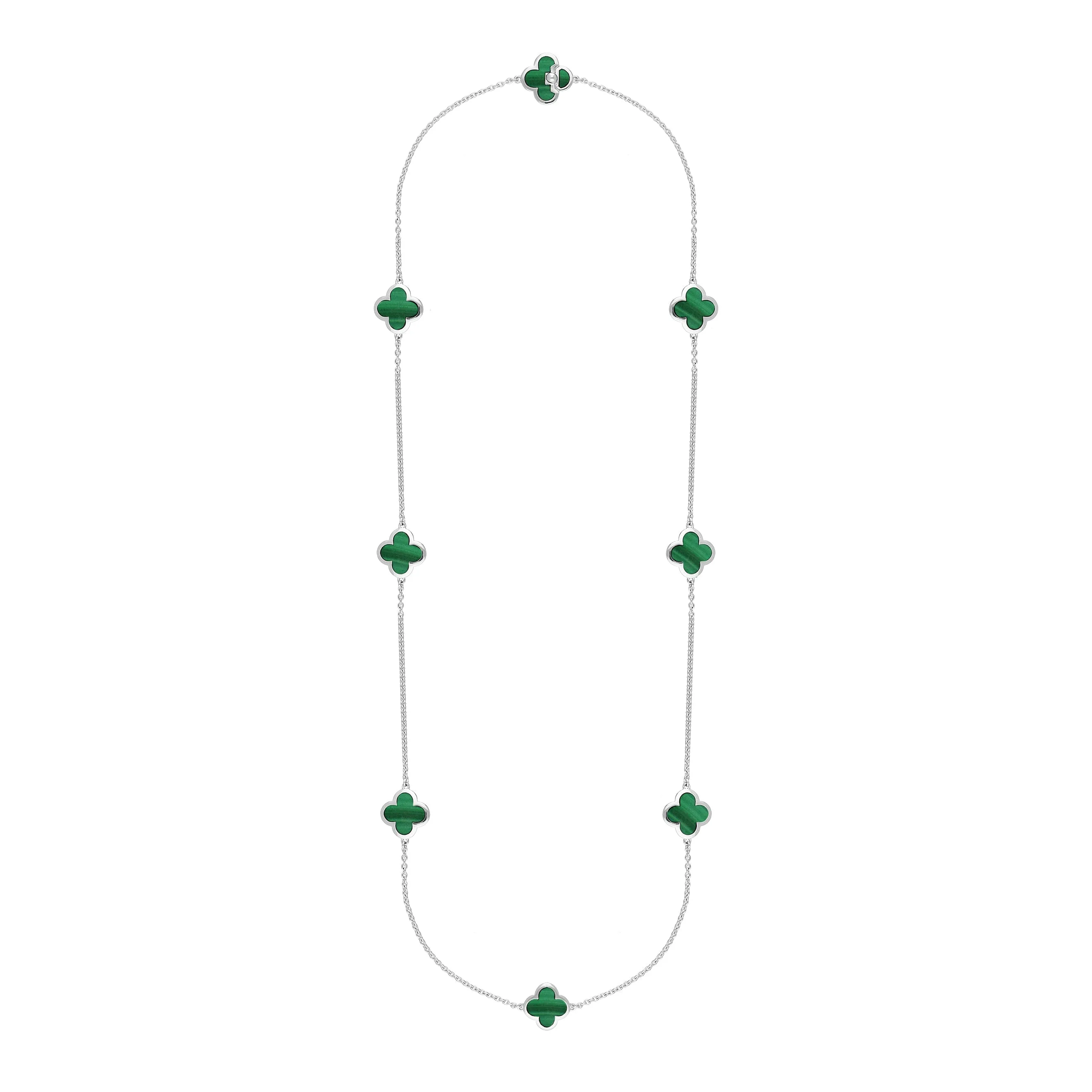 Sterling Silver Malachite Bloom Eight Stone Four Leaf Clover Chain Necklet D