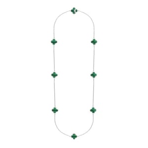 Sterling Silver Malachite Bloom Eight Stone Four Leaf Clover Chain Necklet D