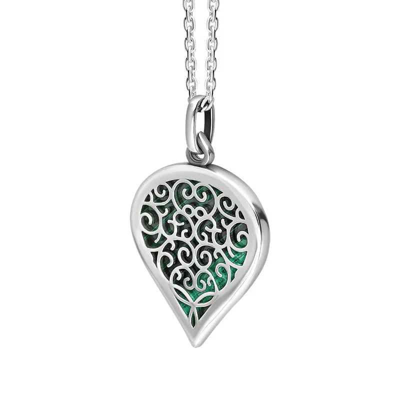 Sterling Silver Malachite Flore Filigree Medium Heart Necklace