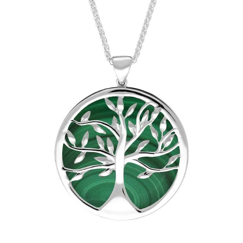 Sterling Silver Malachite Large Round Tree of Life Necklace