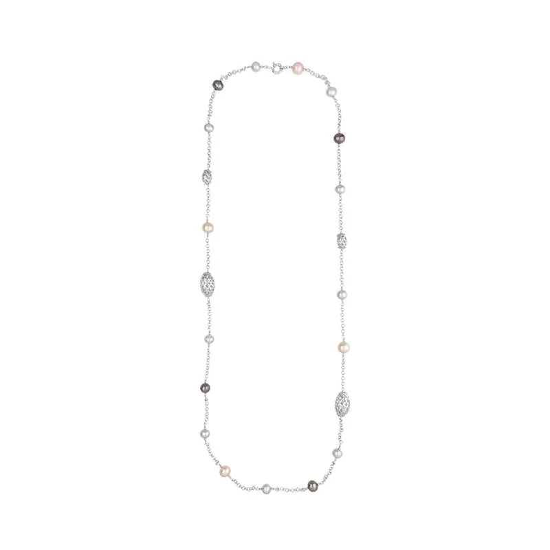Sterling Silver Multi-coloured Pearl Beaded Necklace D