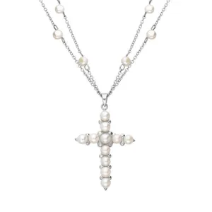Sterling Silver Pearl Double Chain Cross Necklace D