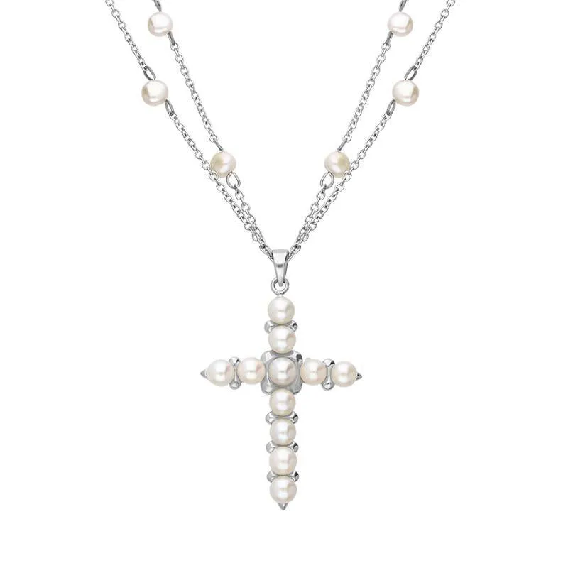 Sterling Silver Pearl Double Chain Cross Necklace D