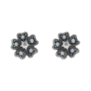 Sterling Silver Pearl Marcasite Flower Stud Earrings