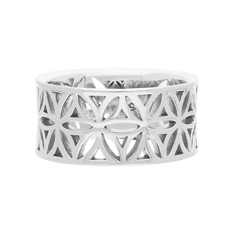 Sterling Silver Pierced Floral Wide Ring D