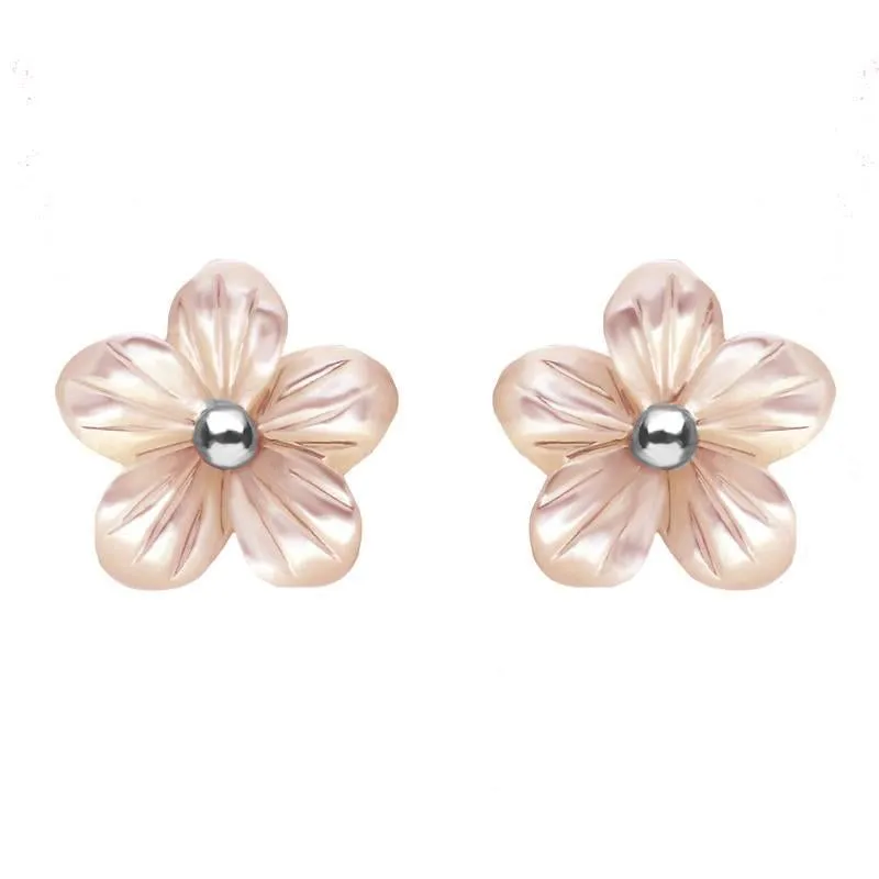 Sterling Silver Pink Mother of Pearl Tuberose 10mm Pansy Stud Earrings