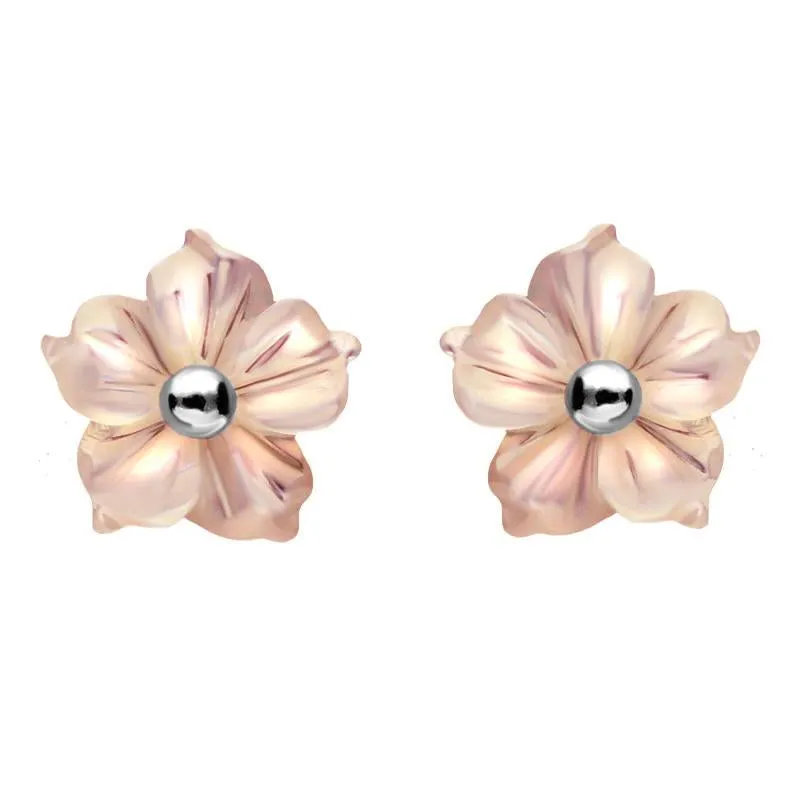 Sterling Silver Pink Mother Of Pearl Tuberose 8mm Carnation Stud Earrings