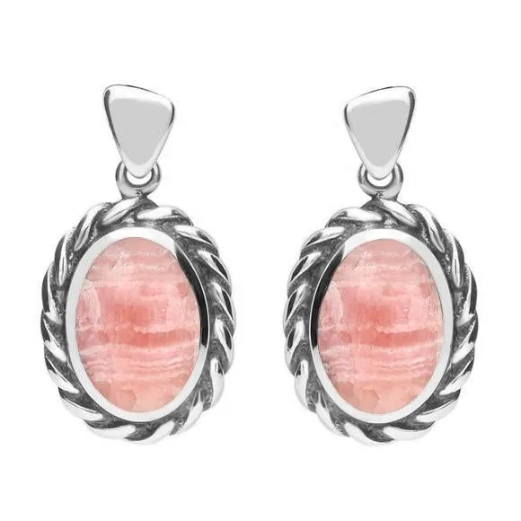Sterling Silver Rhodochrosite Oval Rope Edge Earrings