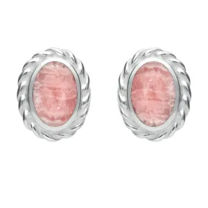Sterling Silver Rhodochrosite Oval Rope Edge Stud Earrings