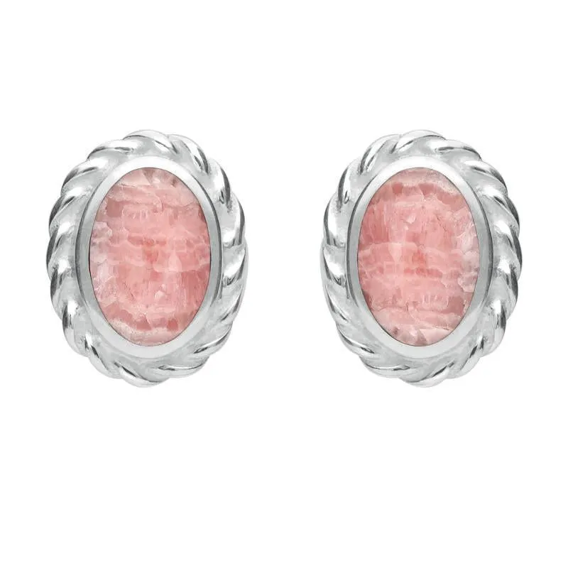 Sterling Silver Rhodochrosite Oval Rope Edge Stud Earrings