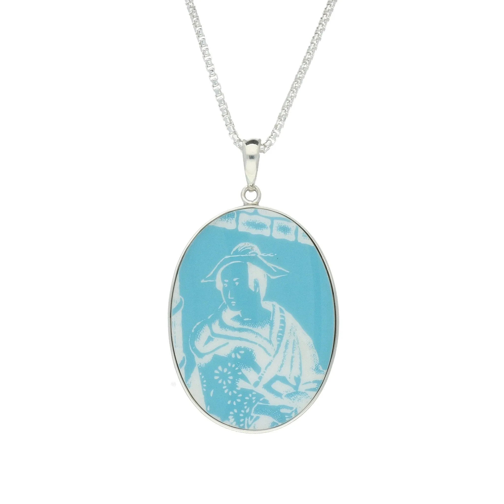 Sterling Silver Royal Crown Derby Mikado Blue Oval Necklace D