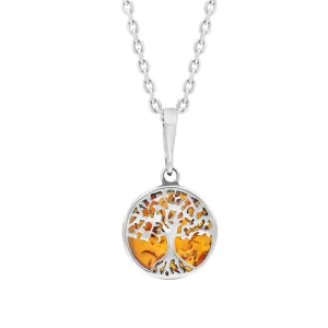 Sterling Silver Small Amber Round Tree of Life Necklace