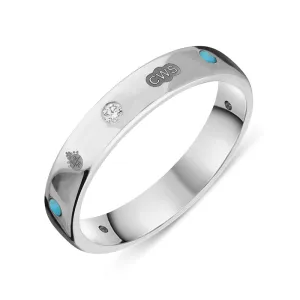 Sterling Silver Turquoise 0.08ct Diamond Queen's Jubilee Hallmark 4mm Ring D