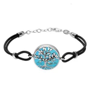 Sterling Silver Turquoise Cord Round Large Leaves Tree Of Life Bracelet