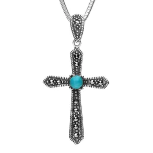 Sterling Silver Turquoise Marcasite Pointed Cross Necklace