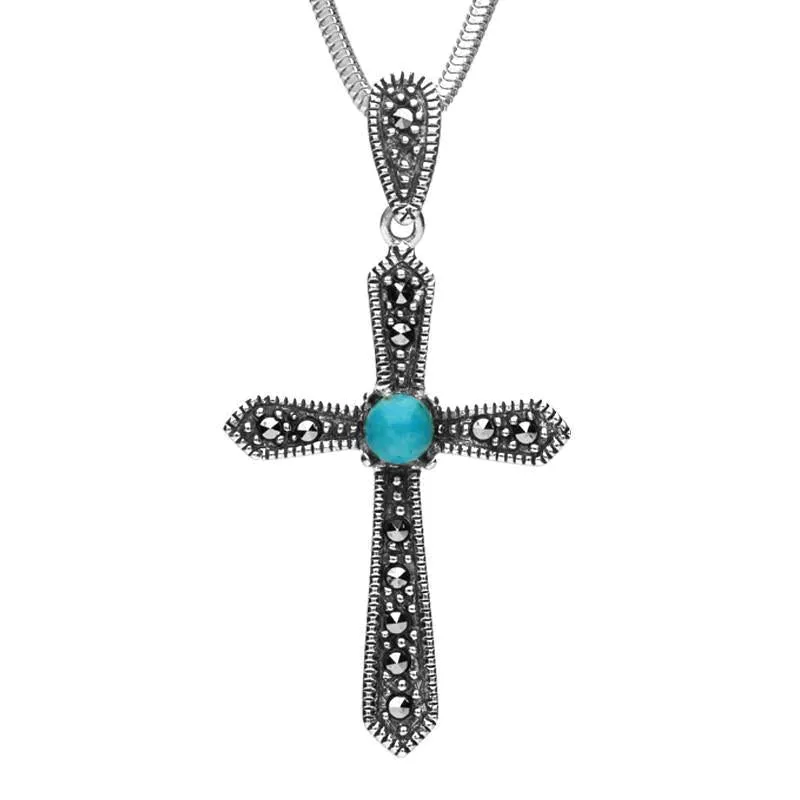 Sterling Silver Turquoise Marcasite Pointed Cross Necklace