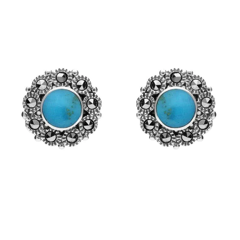 Sterling Silver Turquoise Marcasite Round Stud Earrings