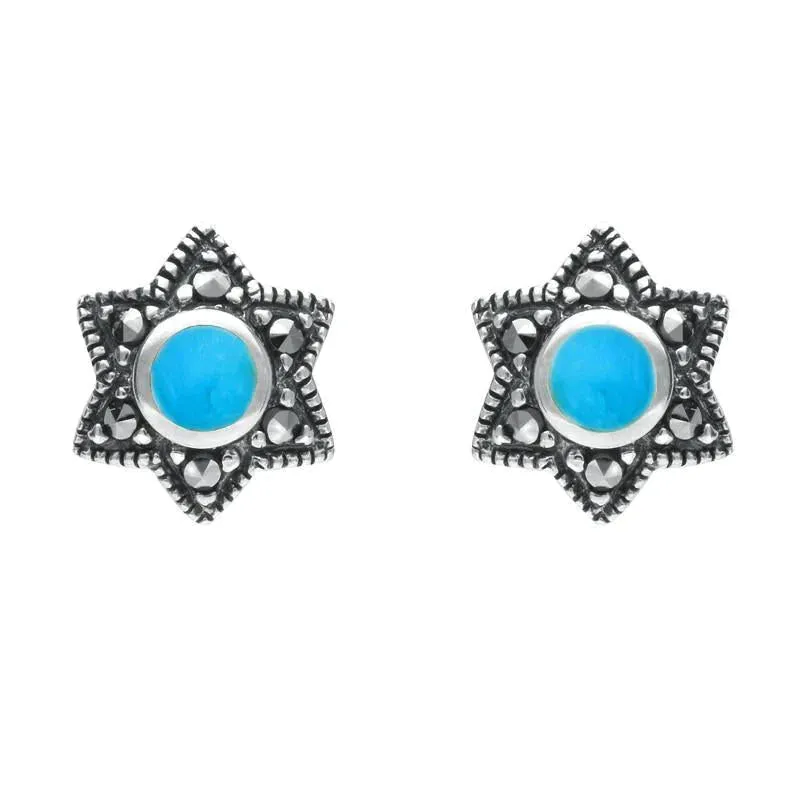 Sterling Silver Turquoise Marcasite Six Point Star Stud Earrings