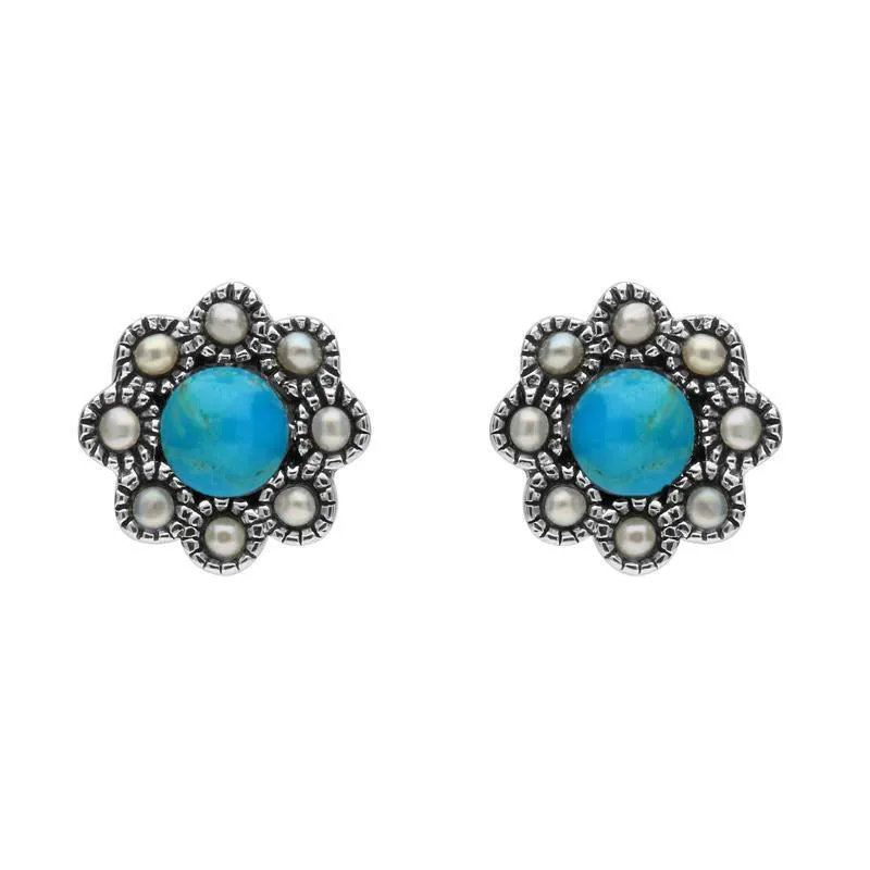 Sterling Silver Turquoise Pearl Round Edge Bead Stud Earrings