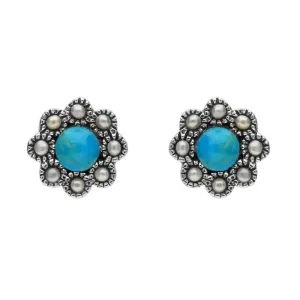 Sterling Silver Turquoise Pearl Round Edge Bead Stud Earrings