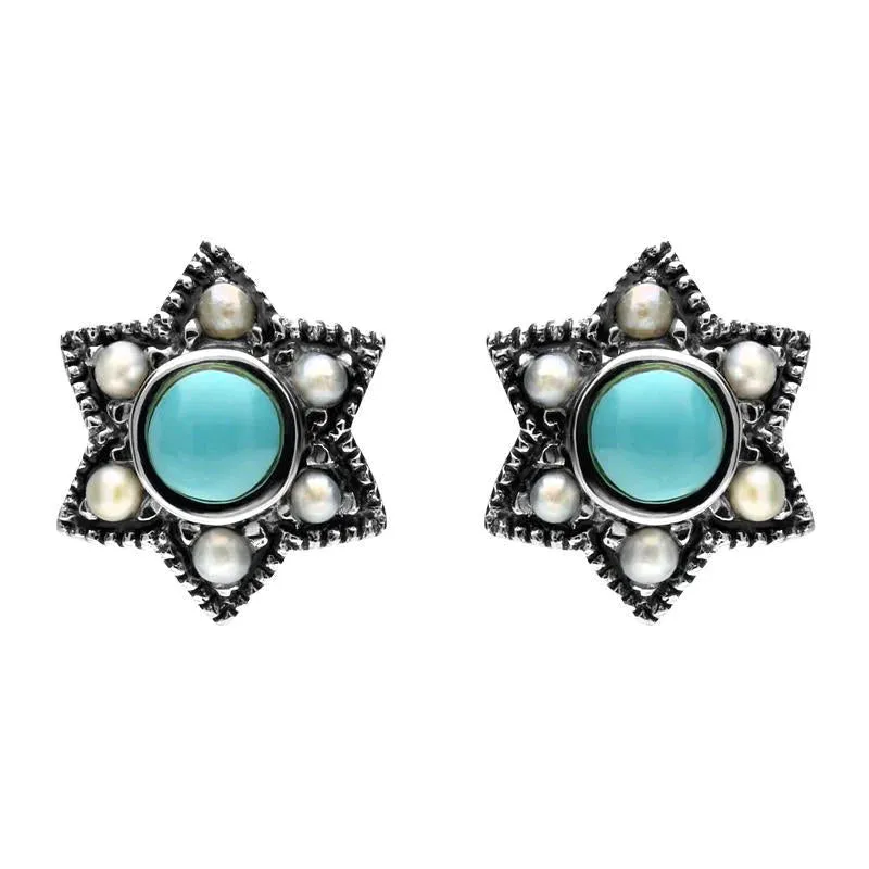 Sterling Silver Turquoise Pearl Six Point Star Stud Earrings