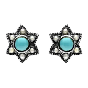 Sterling Silver Turquoise Pearl Six Point Star Stud Earrings