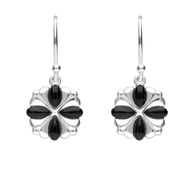 Sterling Silver Whitby Jet 4 stone Cross Drop Earrings