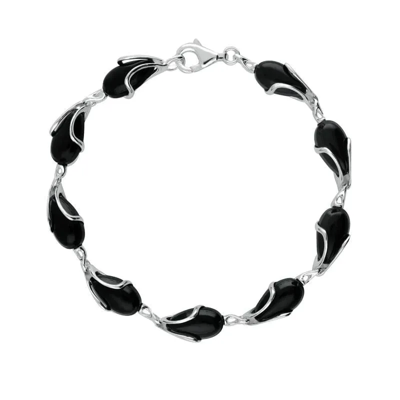 Sterling Silver Whitby Jet 9 Stone Pear Wave Edge Bracelet
