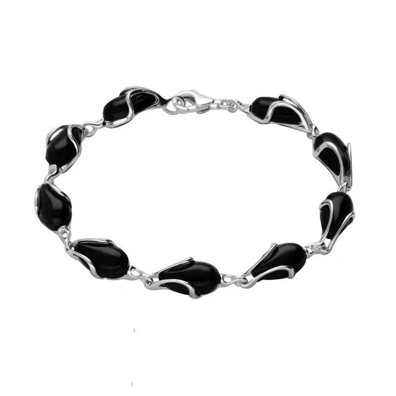 Sterling Silver Whitby Jet 9 Stone Pear Wave Edge Bracelet