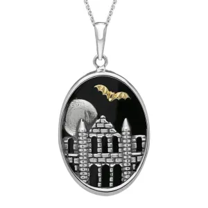 Sterling Silver Whitby Jet Abbey Moon Bat Oval Necklace