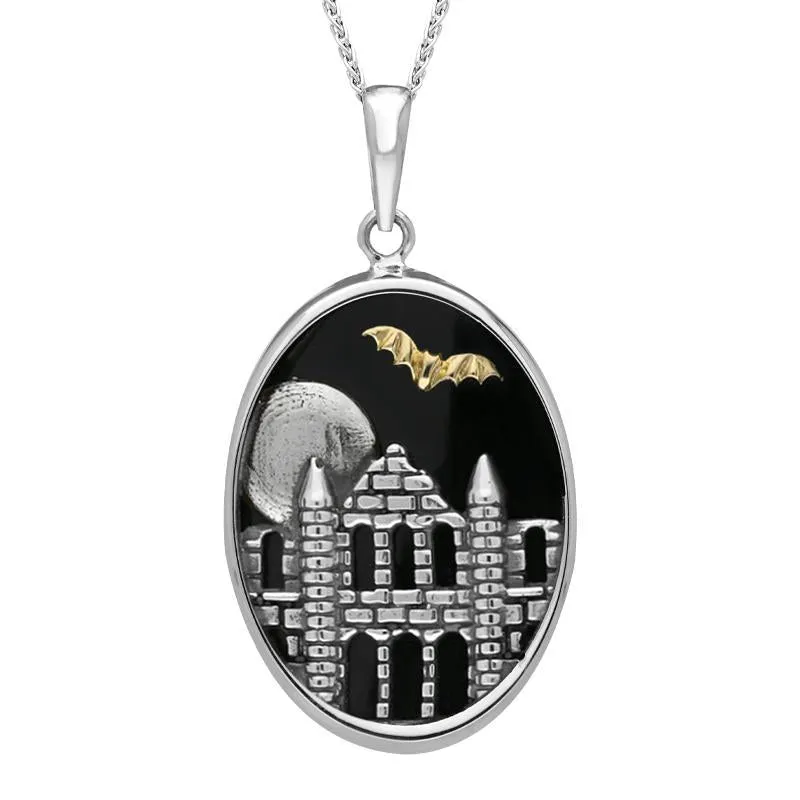 Sterling Silver Whitby Jet Abbey Moon Bat Oval Necklace