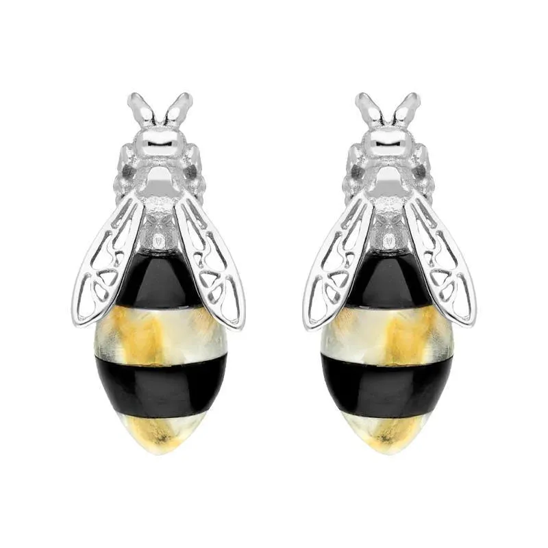 Sterling Silver Whitby Jet Amber Bee Stud Earrings