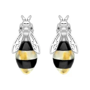 Sterling Silver Whitby Jet Amber Bee Stud Earrings