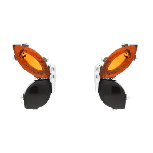 Sterling Silver Whitby Jet Amber Butterfly Stud Earrings