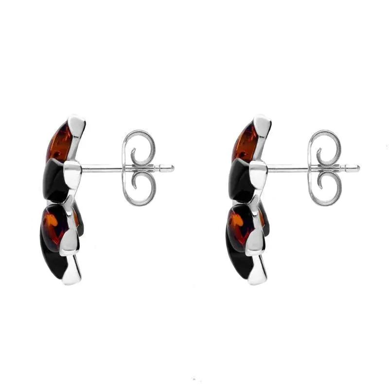 Sterling Silver Whitby Jet Amber Flower Stud Earrings