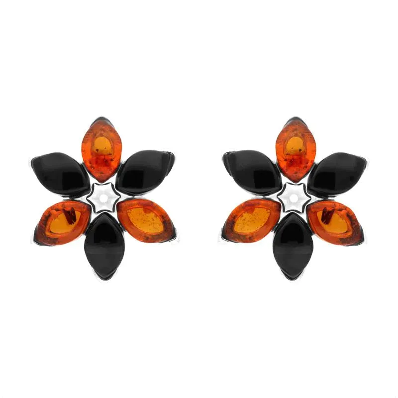 Sterling Silver Whitby Jet Amber Flower Stud Earrings