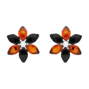 Sterling Silver Whitby Jet Amber Flower Stud Earrings