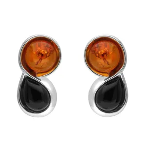 Sterling Silver Whitby Jet Amber Round Pear Stud Earrings