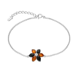 Sterling Silver Whitby Jet Amber Six Stone Petal Flower Bracelet