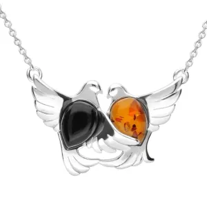 Sterling Silver Whitby Jet Amber Two Stone Bird Necklace