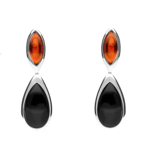 Sterling Silver Whitby Jet Amber Two Stone Marquise and Pear Drop Earrings