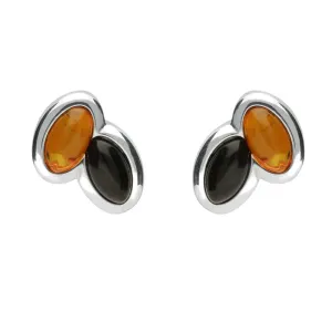 Sterling Silver Whitby Jet Amber Two Stone Stud Earrings